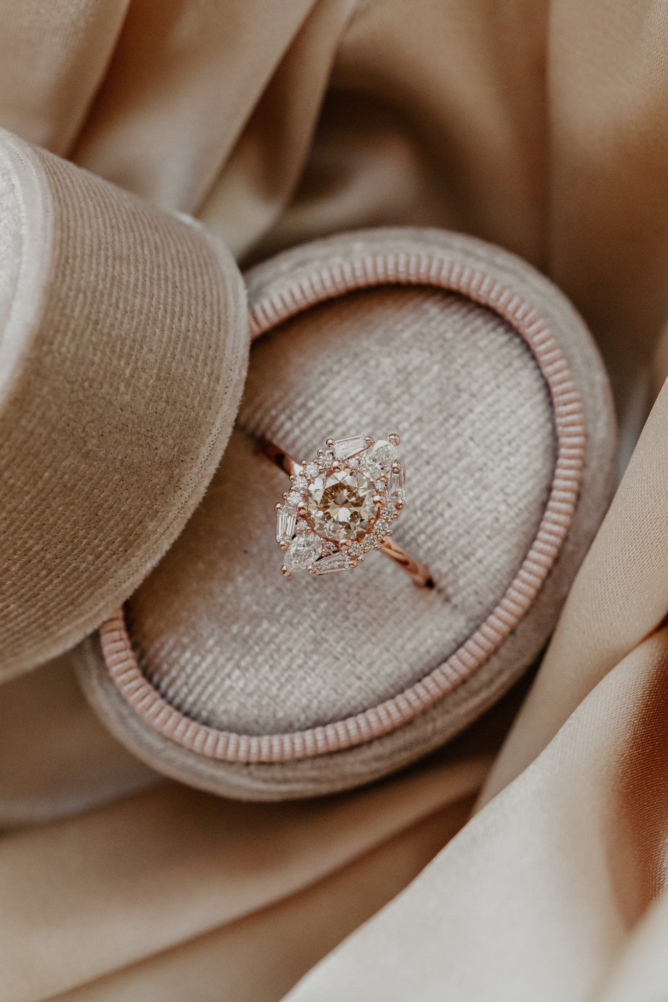 The Lori 1.12 ct Round Champagne Diamond Ornate Halo Ring