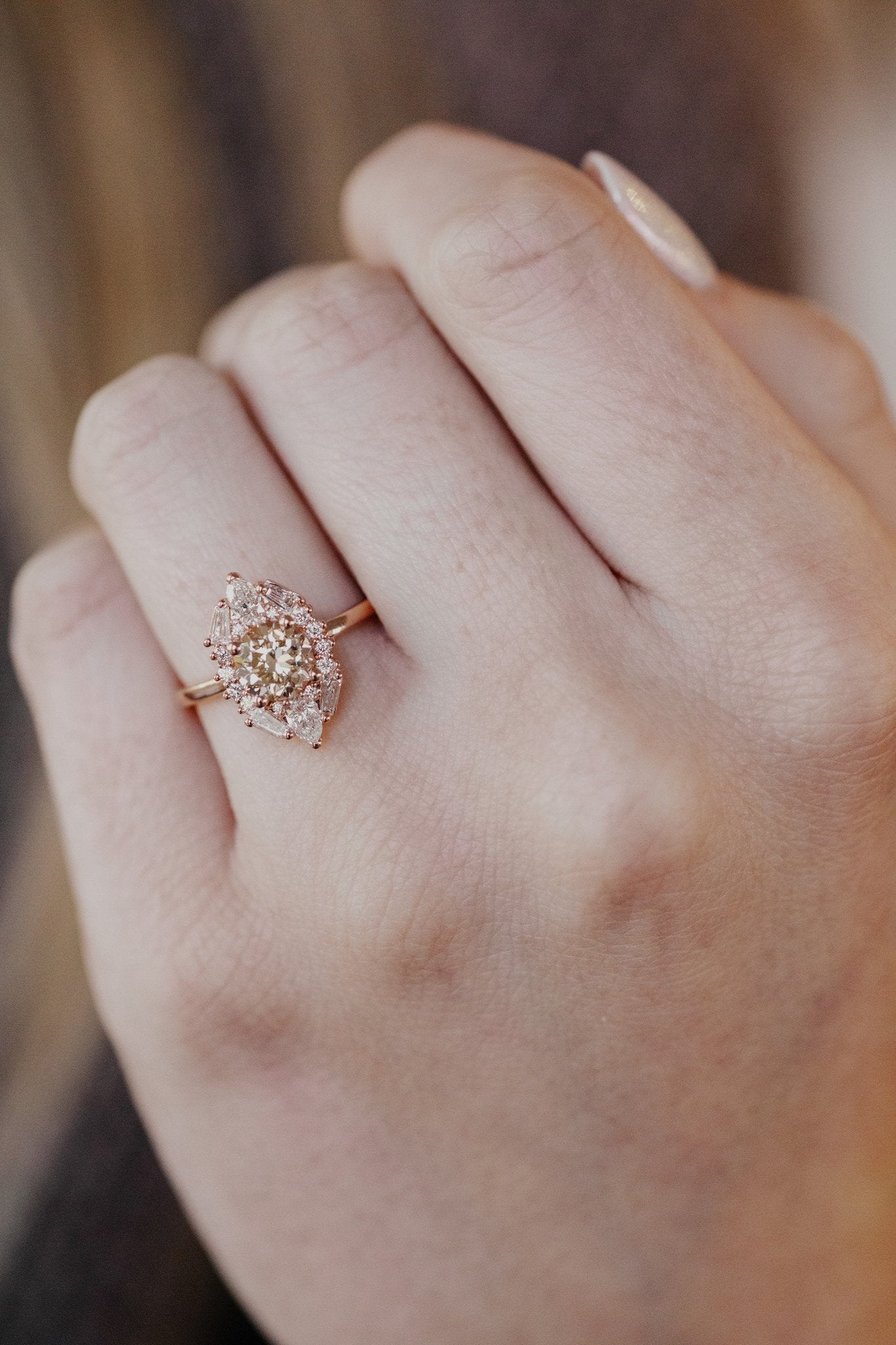 The Lori 1.12 ct Round Champagne Diamond Ornate Halo Ring