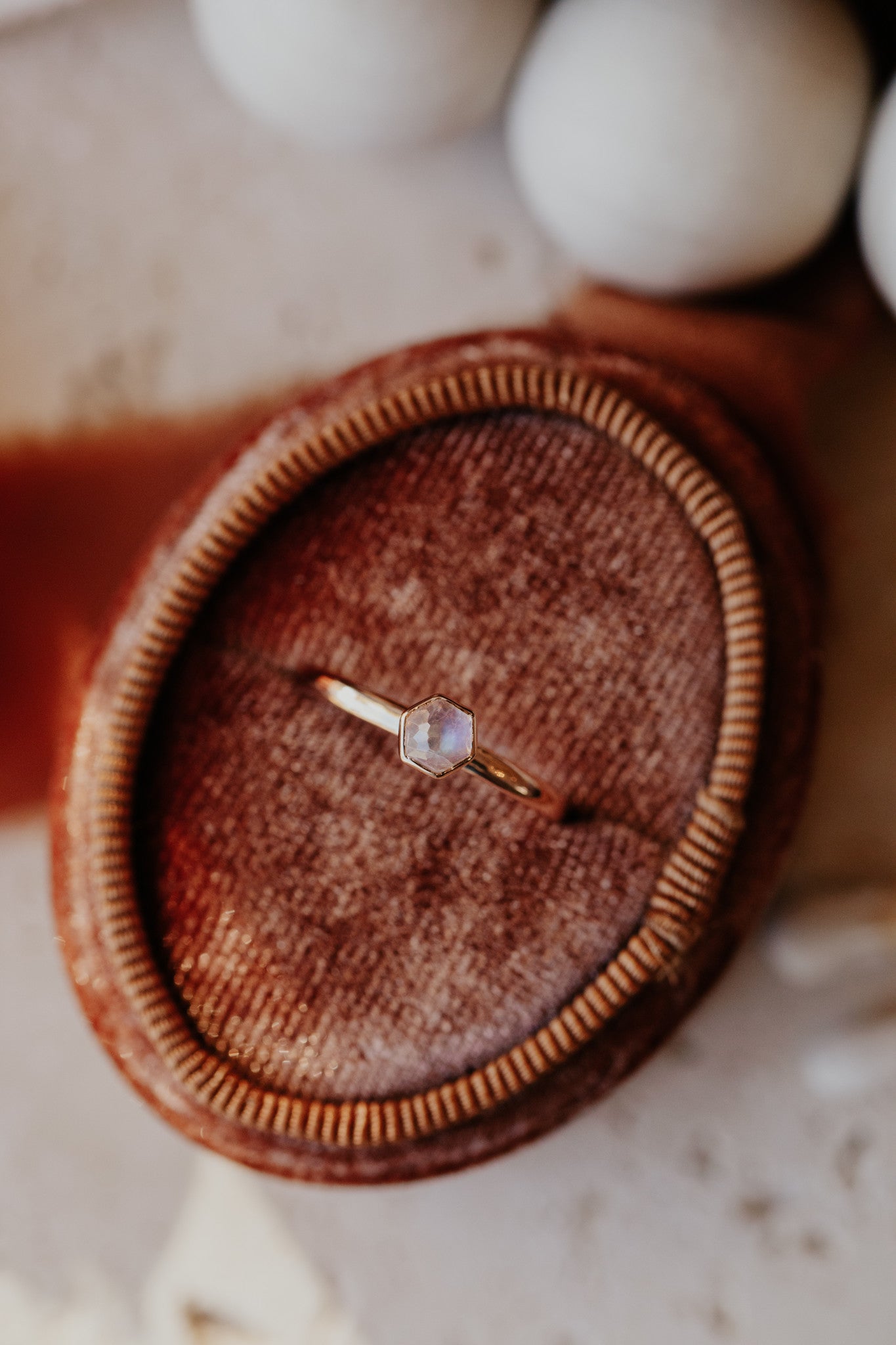 Tiny Hexagon Moonstone Bezel Ring
