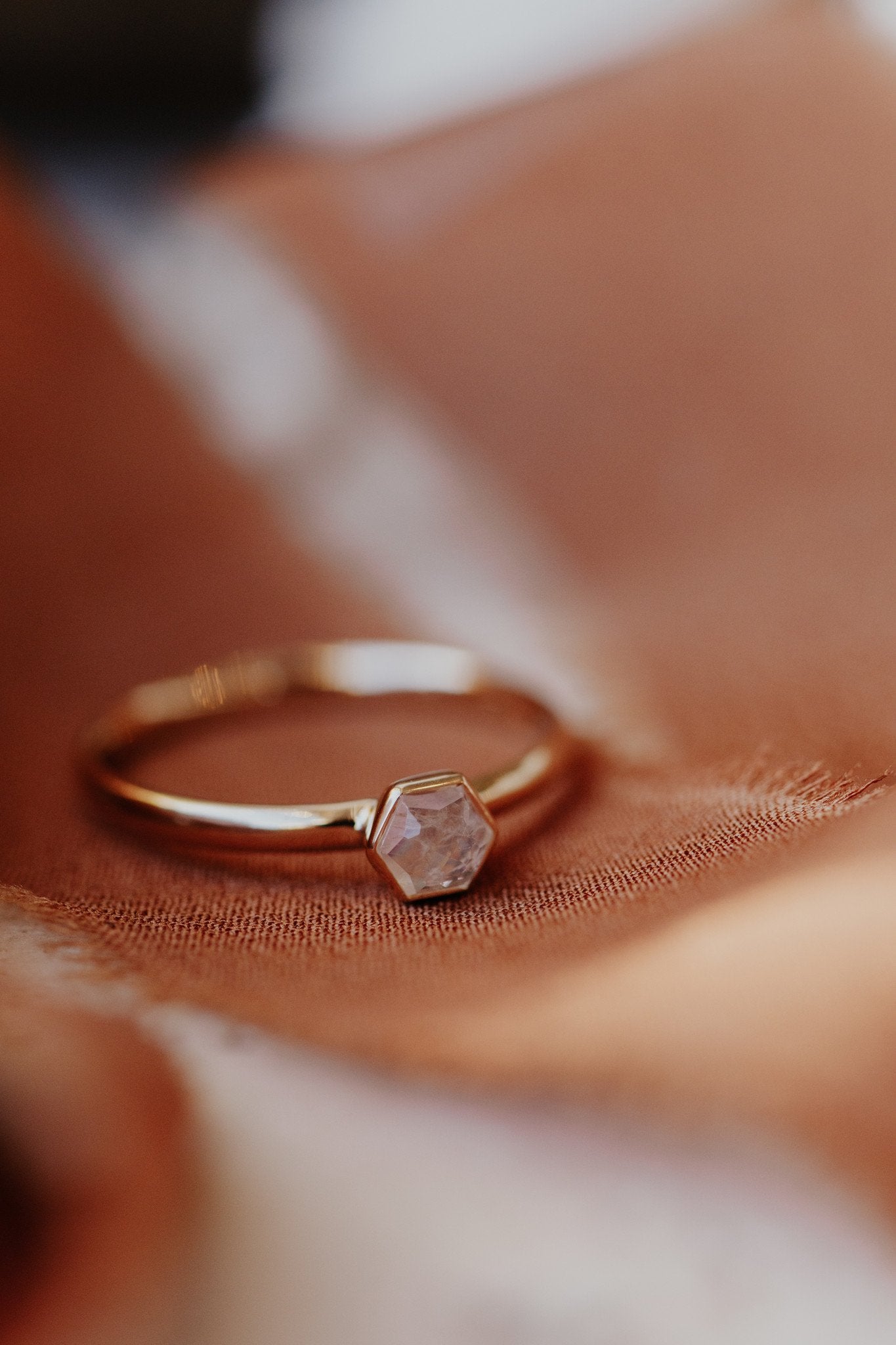 Tiny Hexagon Moonstone Bezel Ring