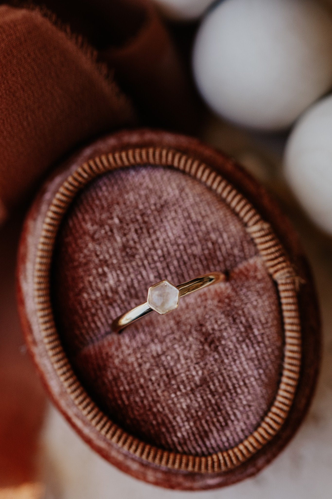 Tiny Hexagon Moonstone Bezel Ring