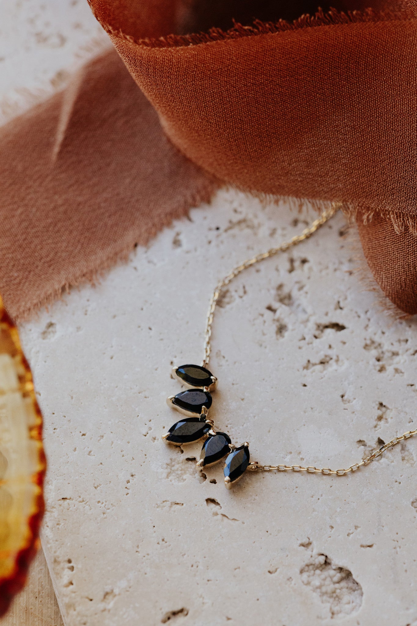 Pear and Marquise Black Spinel Curved Necklace