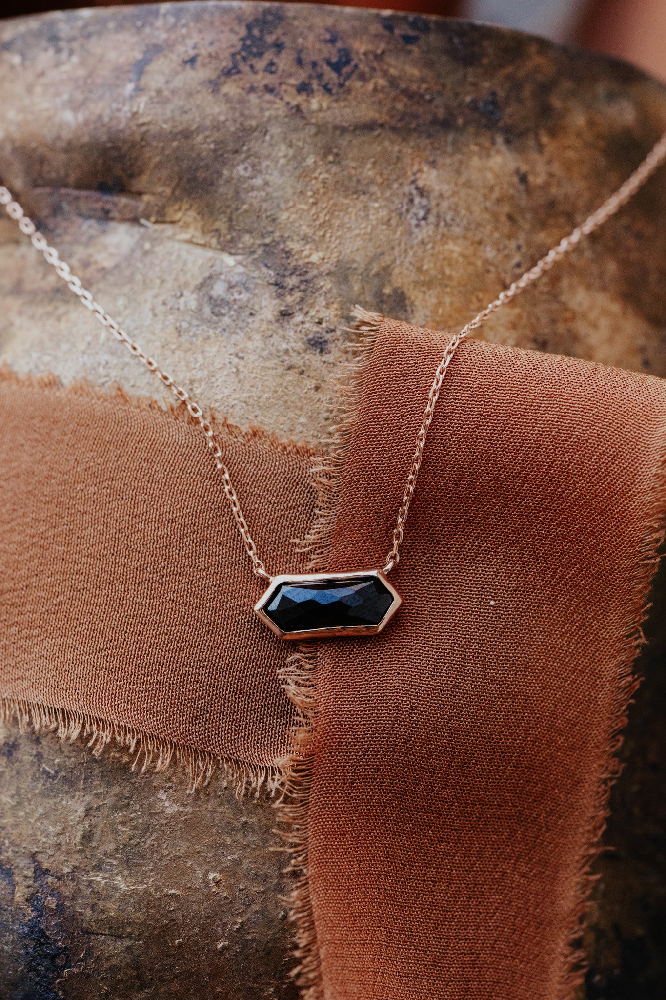 Long Hexagon Black Spinel Bezel Necklace