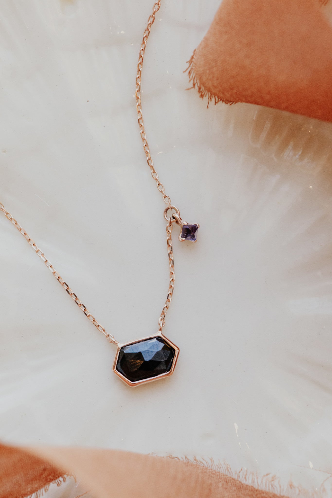 Long Hexagon Black Spinel with Iolite Dangle Necklace