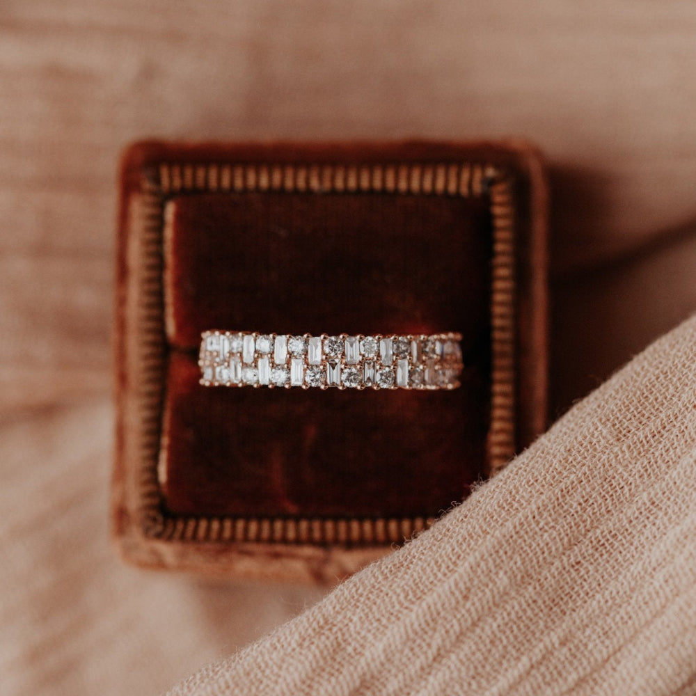 The Clarissa Diamond Band in a Sarah O Jewelry velvet ring box