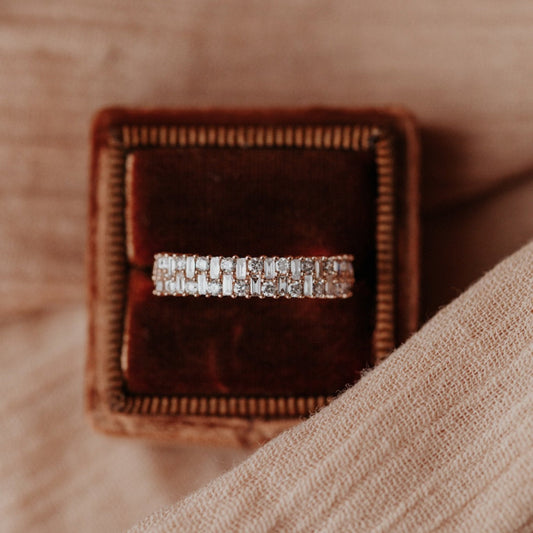 The Clarissa Diamond Band in a Sarah O Jewelry velvet ring box