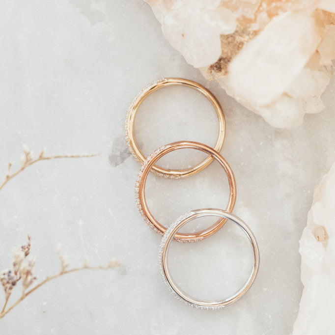 The Double Row Diamond Band in 14k yellow, rose, and white gold
