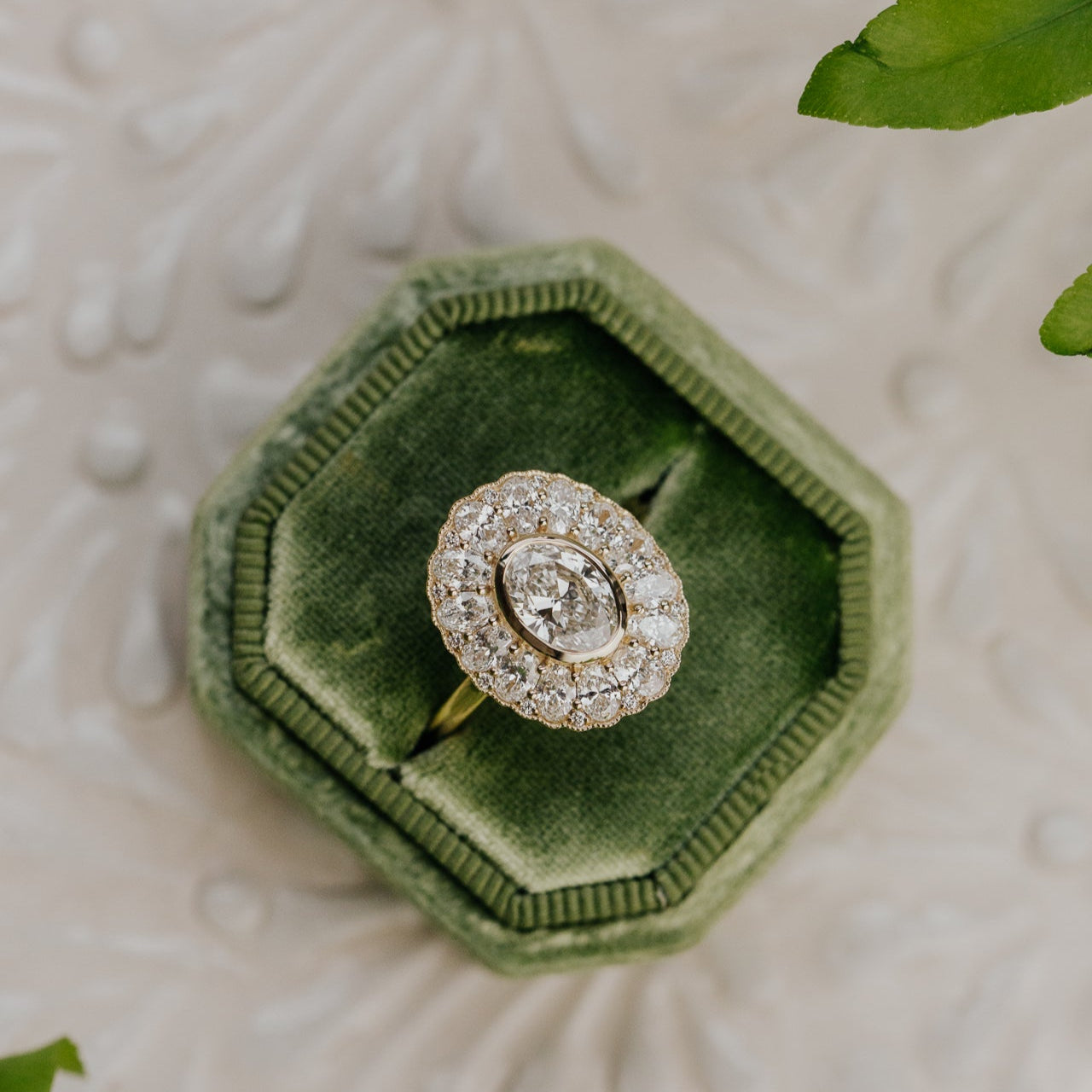 Oval diamond halo ring in a green velvet box on a textured surface with leaves.