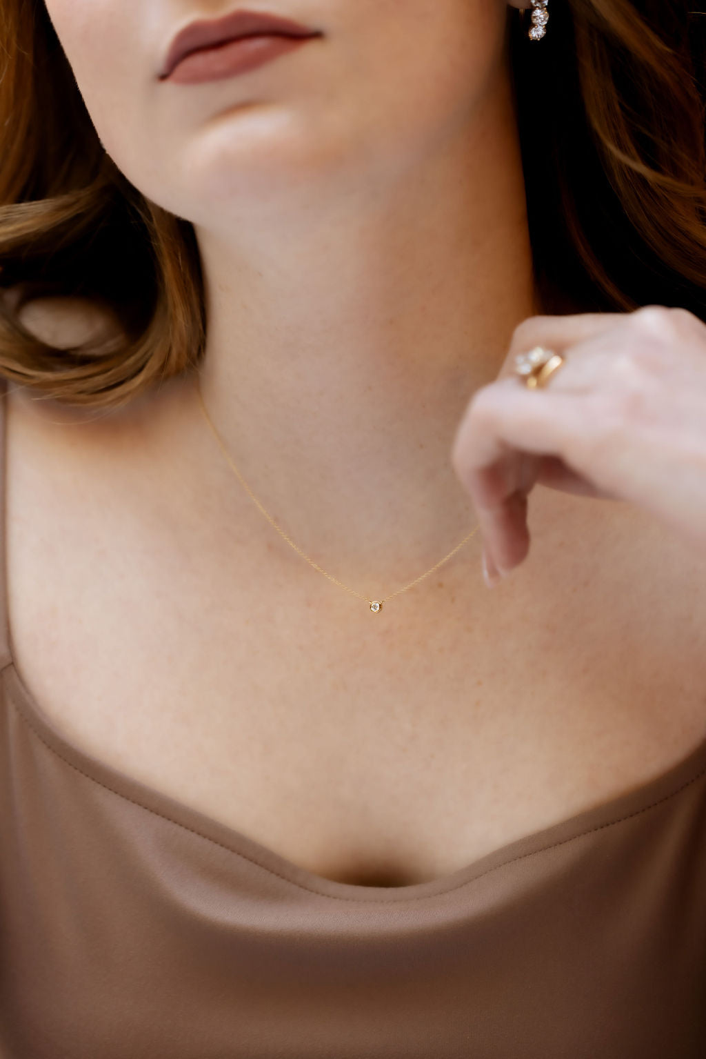 Bezel Set Diamond on Chain Necklace on a models neck