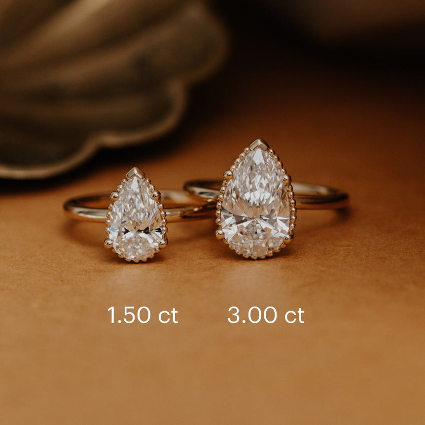 Two Charlotte pear diamond engagement ring in different carat weights with a size chart.