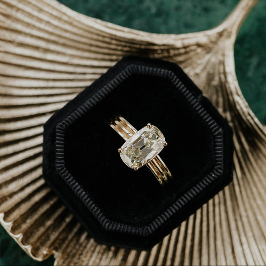 Elongated cushion old mine cut iamond ring in a black box on a ginkgo leaf with a green background.