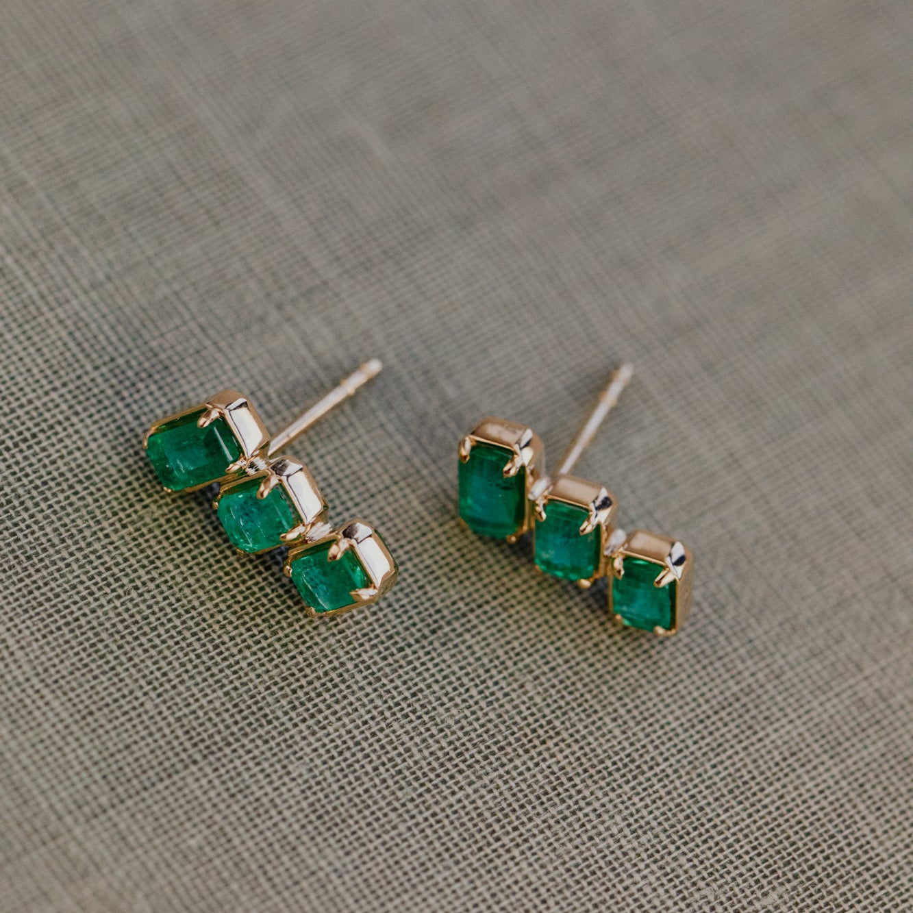 Emerald Cut Green Emerald Climber Stud Earrings