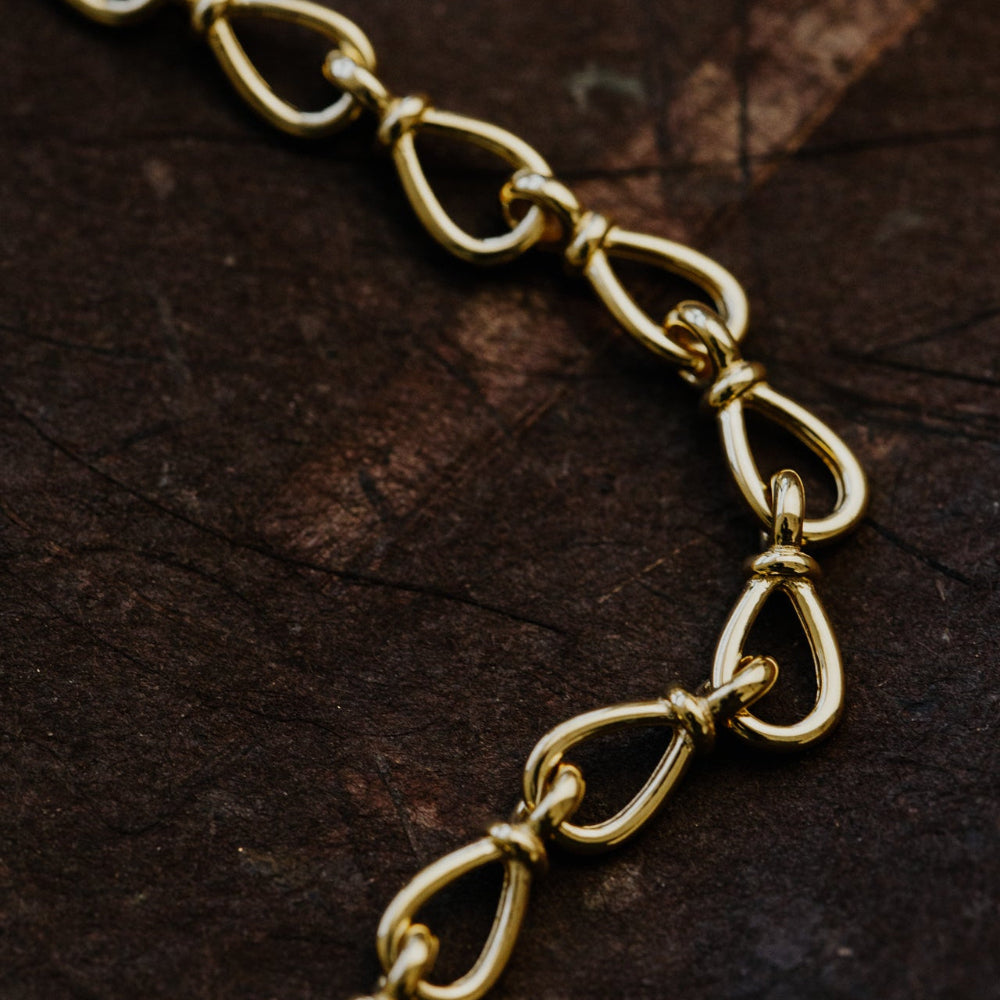 Gold chain bracelet on a dark brown leaf background