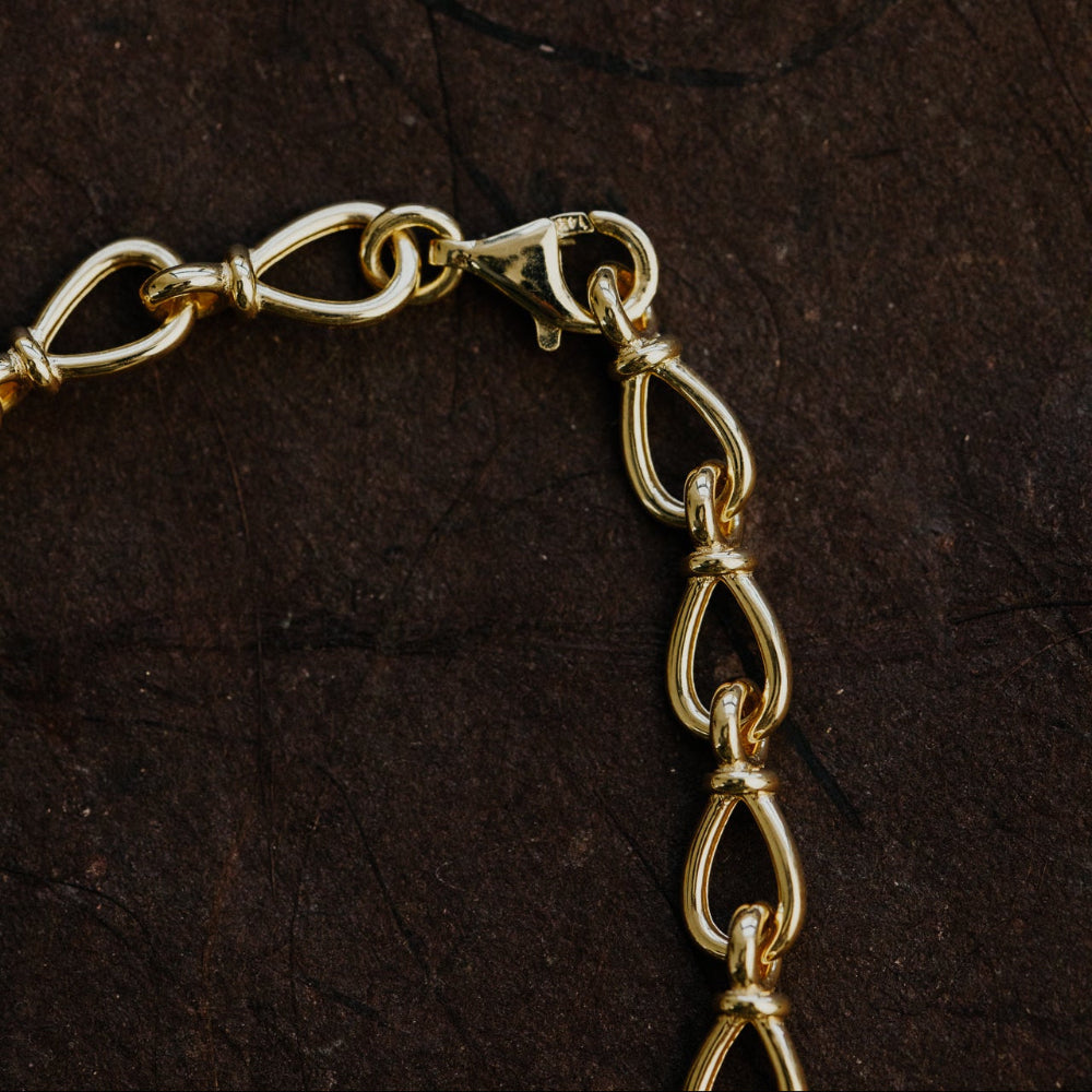 Close-up of a gold chain on a dark textured background