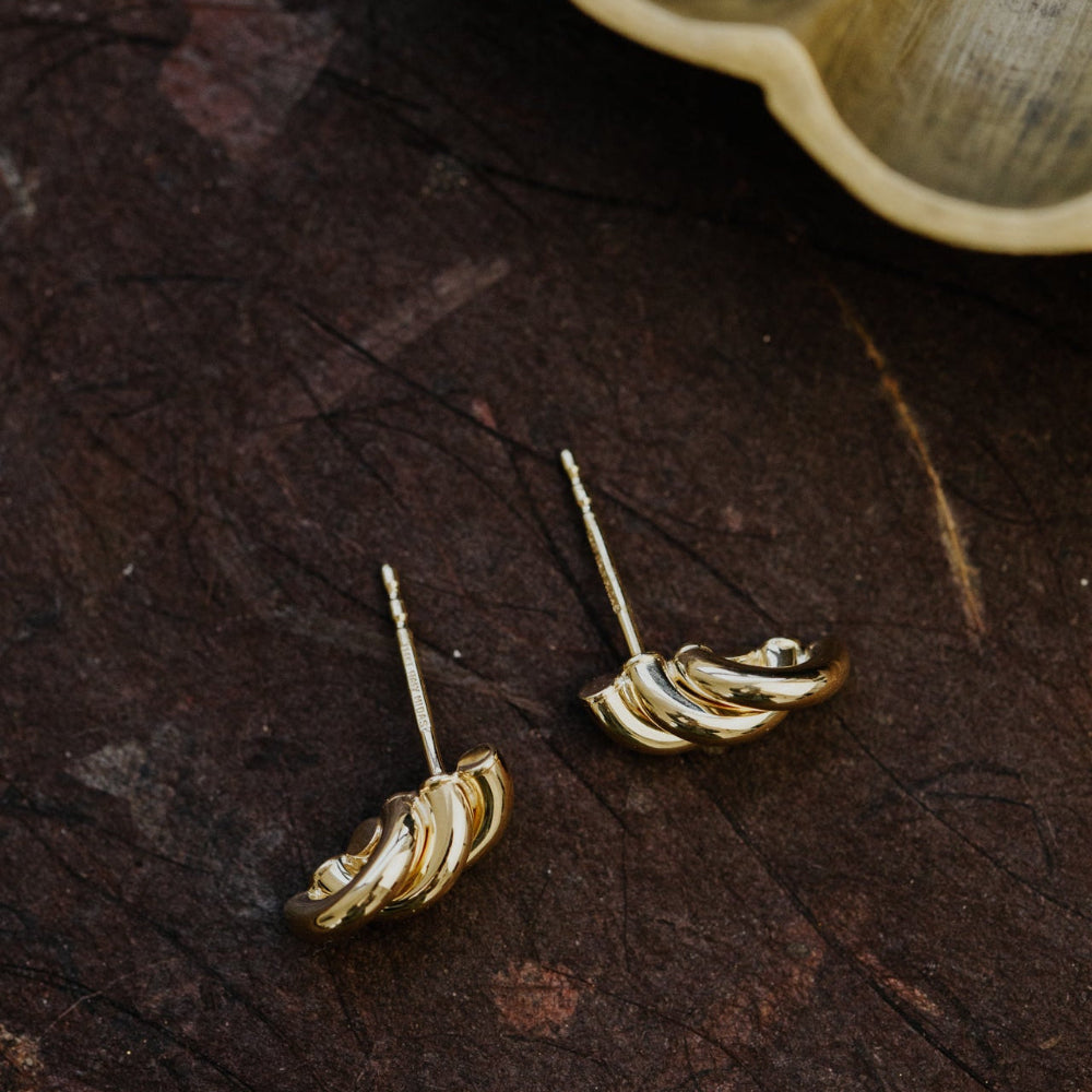 Gold earrings on a textured brown surface