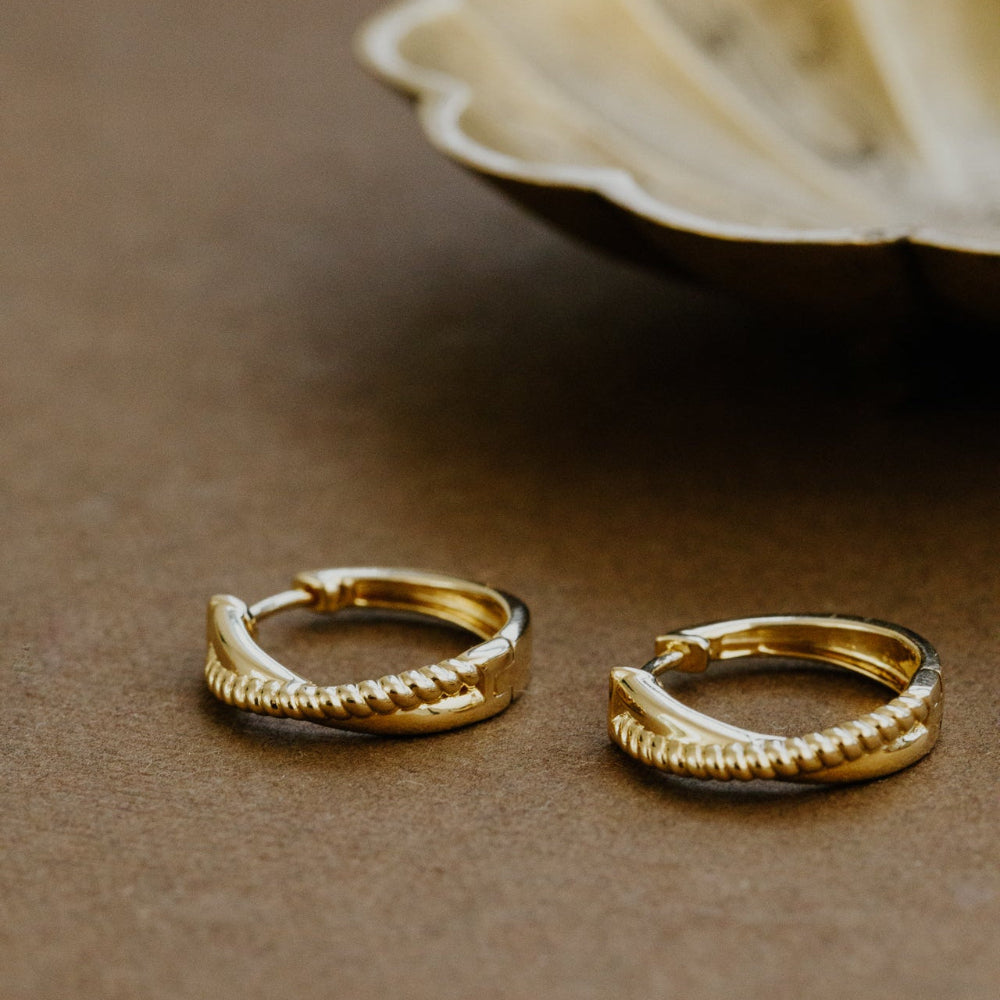 Gold hoop earrings on a brown surface with a shell in the background
