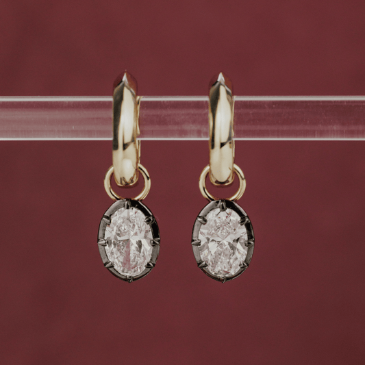 14k gold round cut, lab grown diamond dangle earrings with Black Rhodium featured on a clear tube in the center of the frame.   