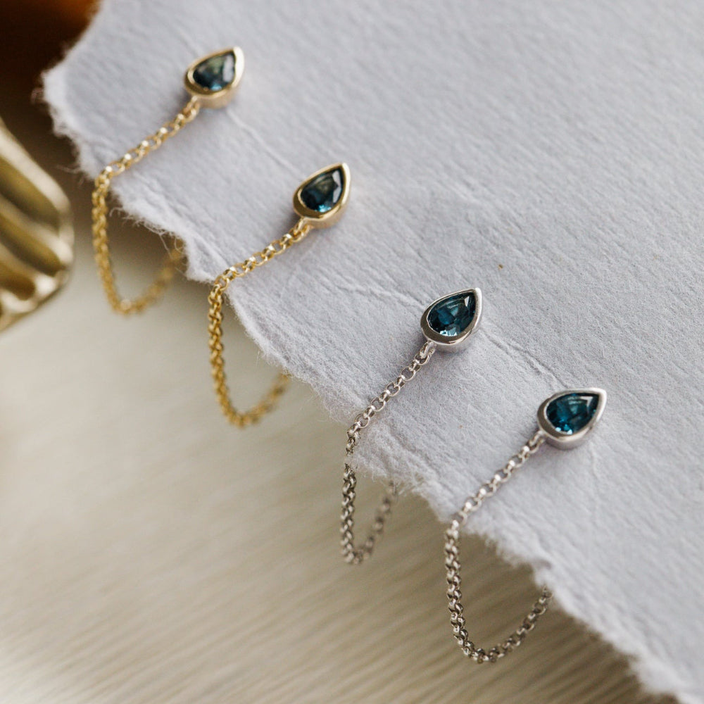 yellow and white gold pear-shaped london blue topaz earrings on a white surface