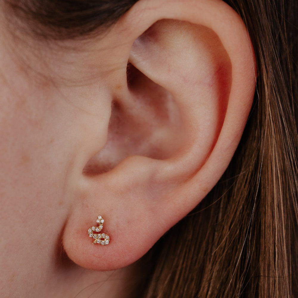 Close-up of an ear with a small snake-shaped diamond stud earring.