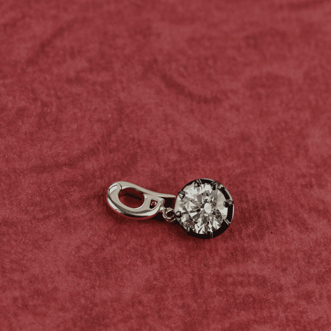 14k gold round-cut diamond with Black Rhodium clip pendant featured on a textured red surface.  