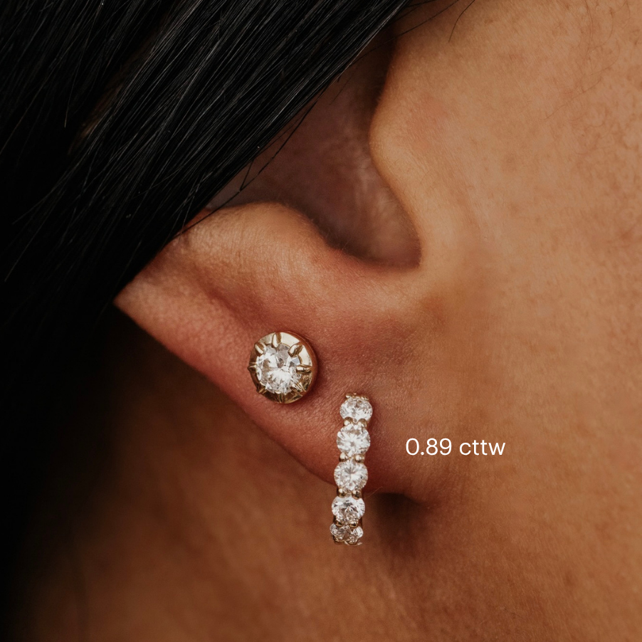 Close-up of an ear wearing diamond earrings with a visible brand name.