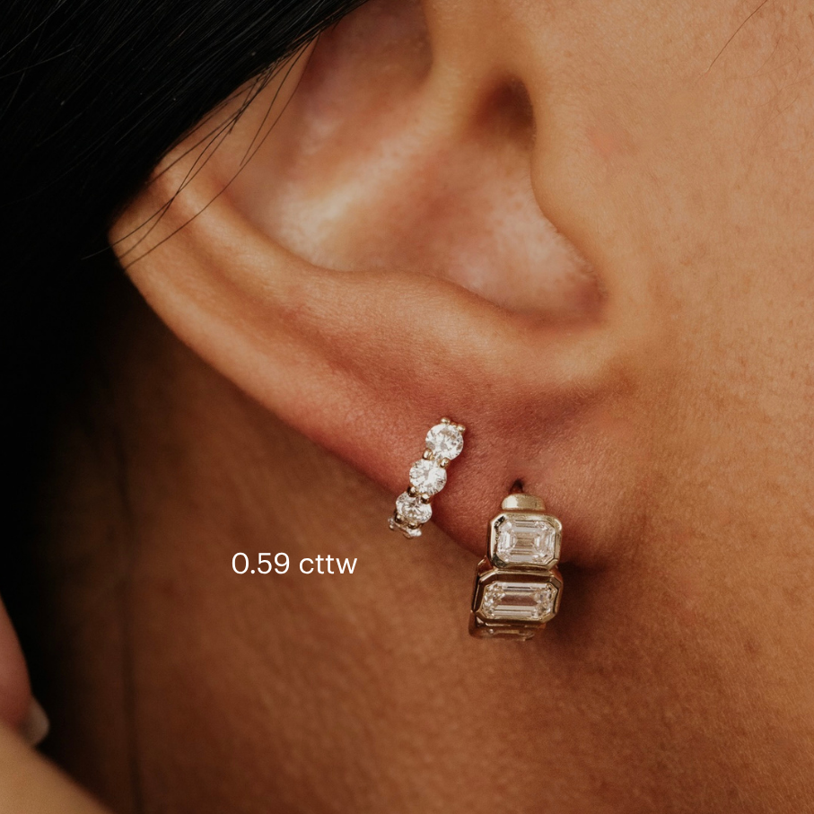 Close-up of an ear wearing diamond earrings with a visible weight label.