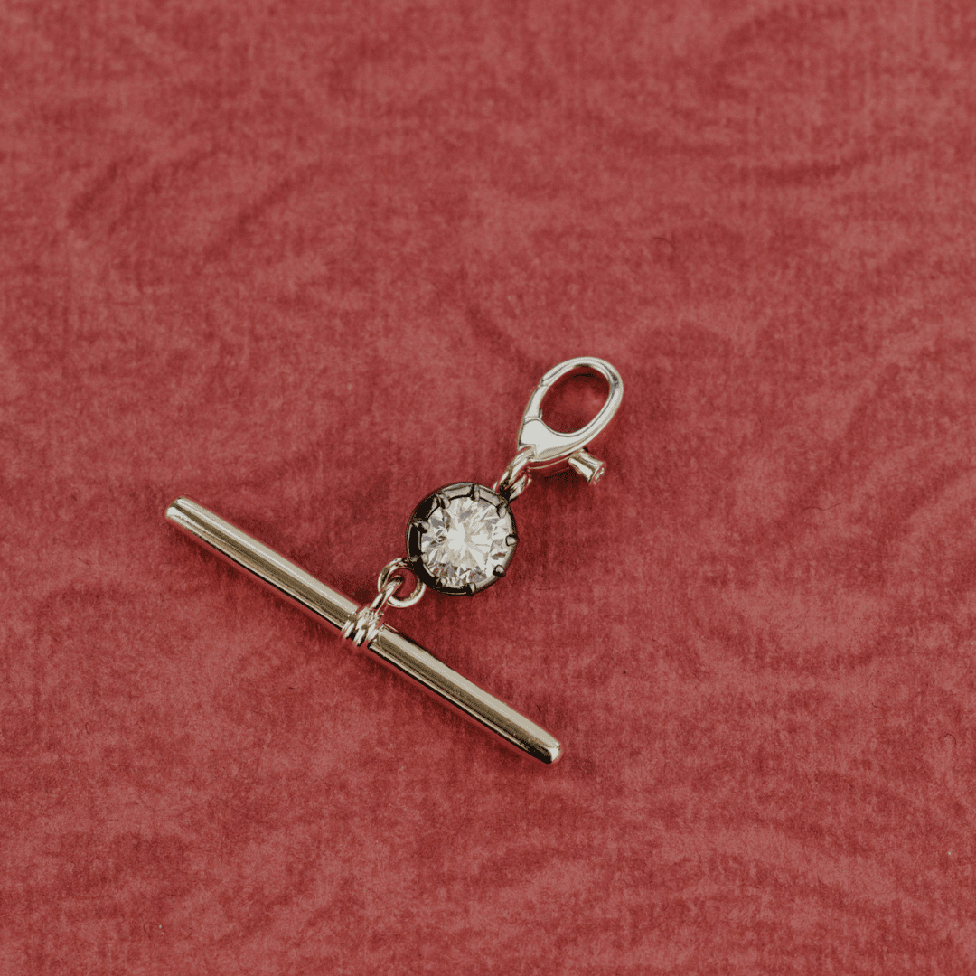 A Round cut Lab Grown Diamond with a Black Rhodium Round Ball Dog Clip shown on a textured red surface. 