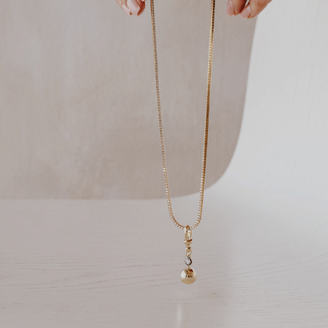 A Round cut Lab Grown Diamond with a Black Rhodium Round Ball Dog Clip Pendant Necklace shown in front of a white background. 