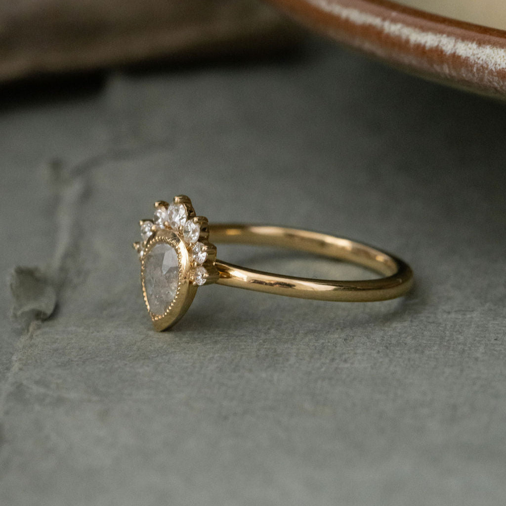 Side view of the Acadia .45 ct Pear Rustic Diamond Engagement Ring in 14k yellow gold