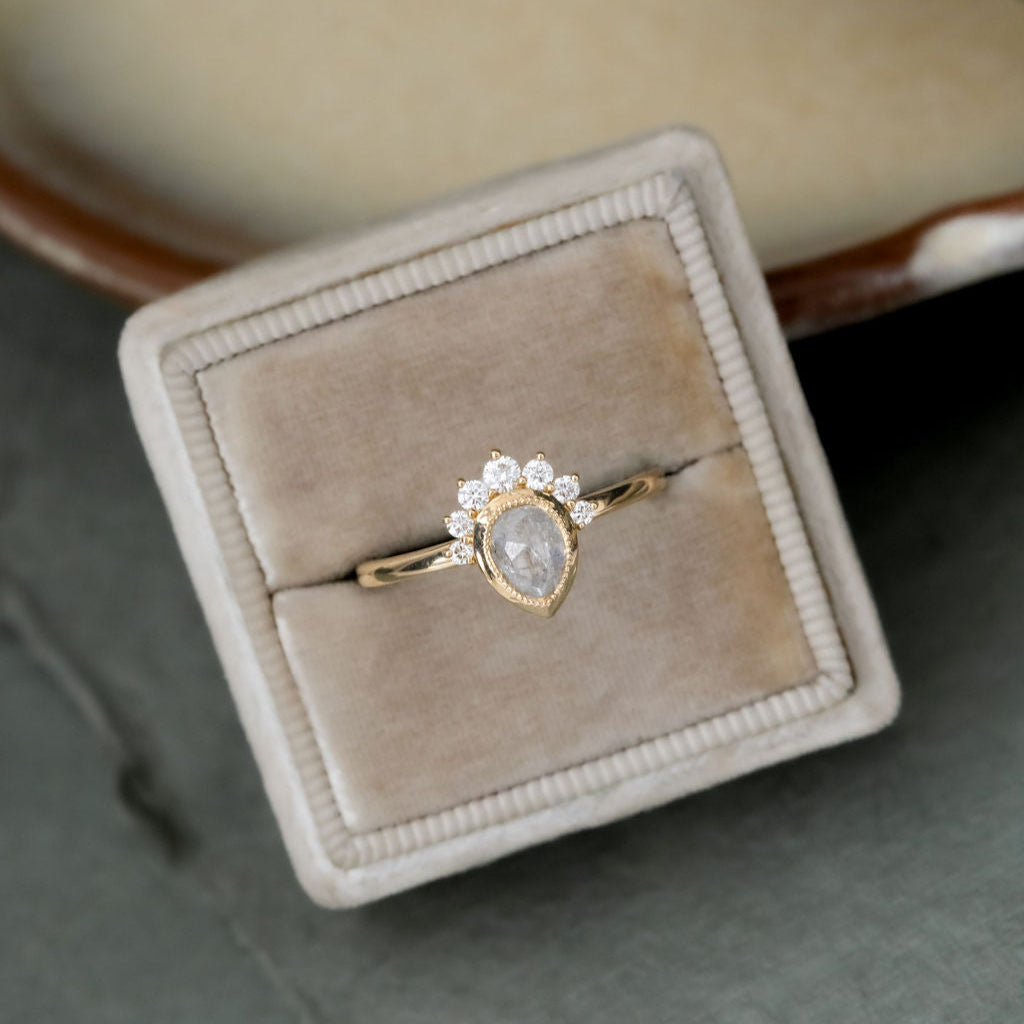 The Acadia .45 ct Pear Rustic Diamond Engagement Ring in 14k yellow gold in a velvet ring box