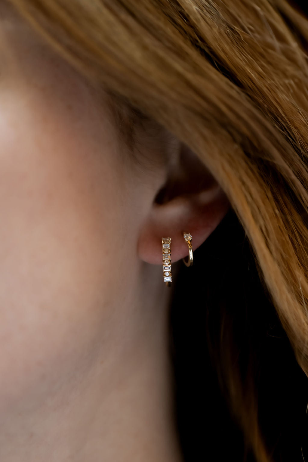 Baguette and Round Diamond Huggie Earrings