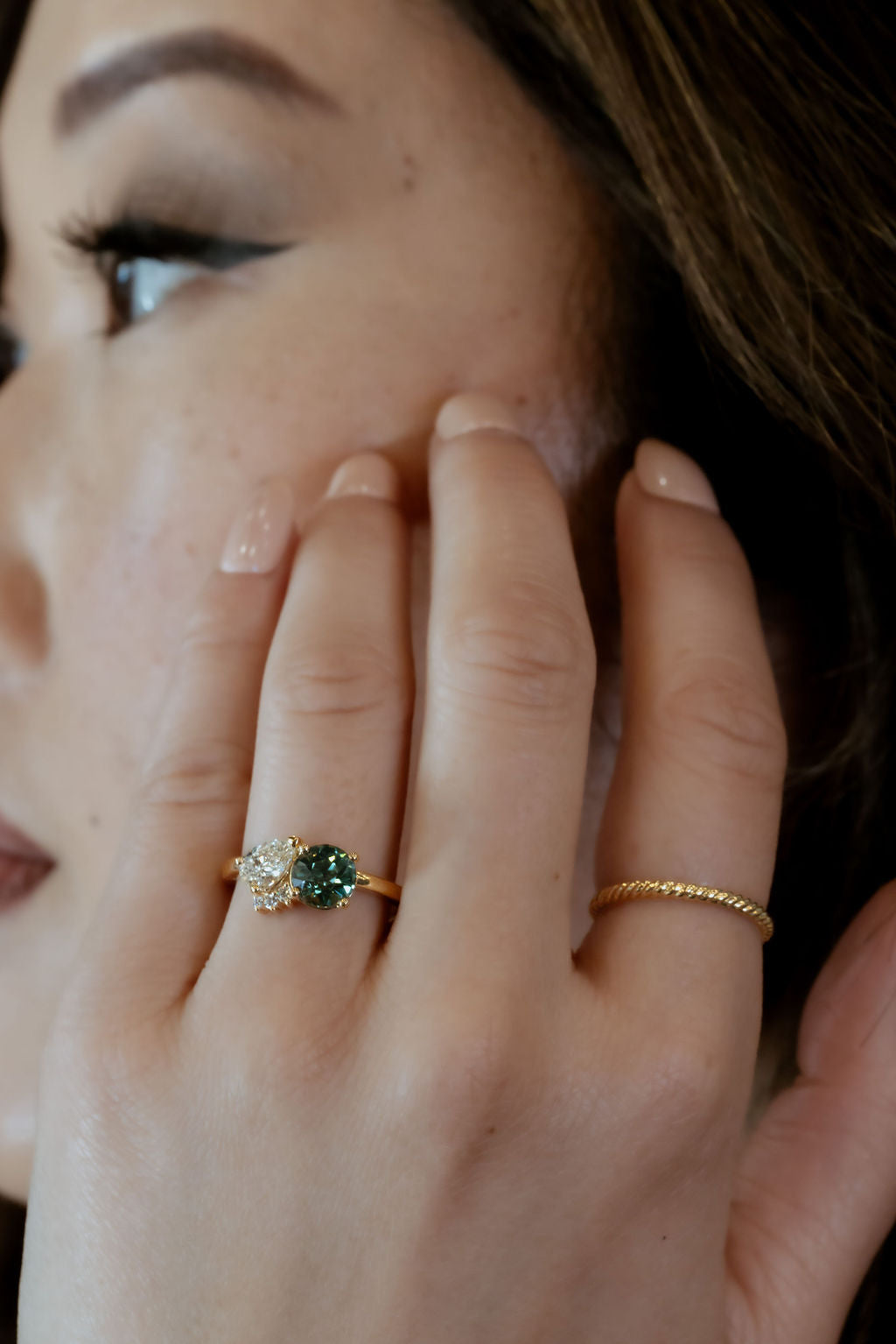 The Toi et Moi 1.70 ct Round Teal Sapphire and .50 ct Pear Diamond Ring