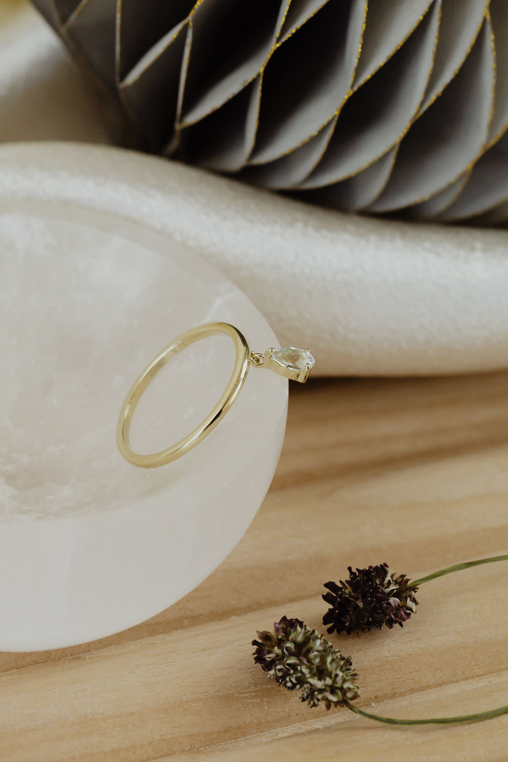 Pear Aquamarine in Prongs Dangle Ring in 14k yellow gold