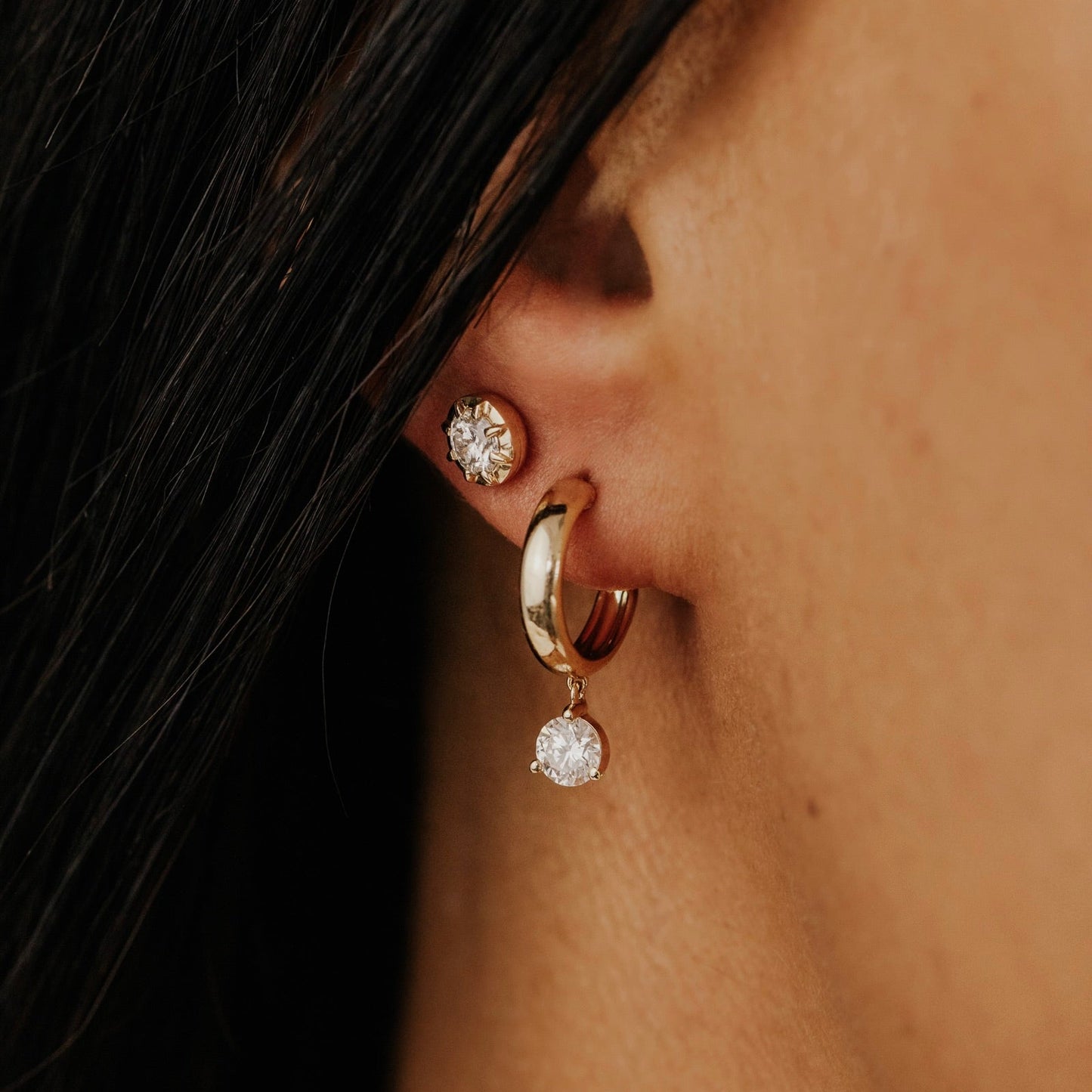Round Lab Grown Diamond Dangle on Hoop Earrings