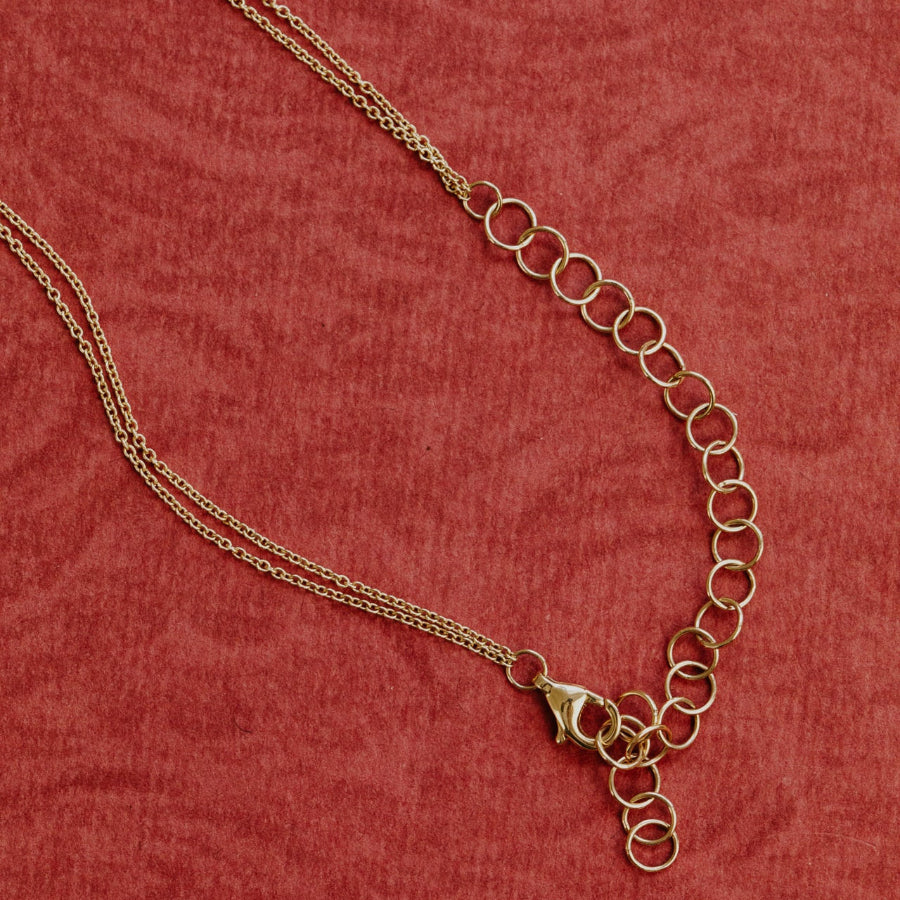 Gold chain necklace on a red textured background