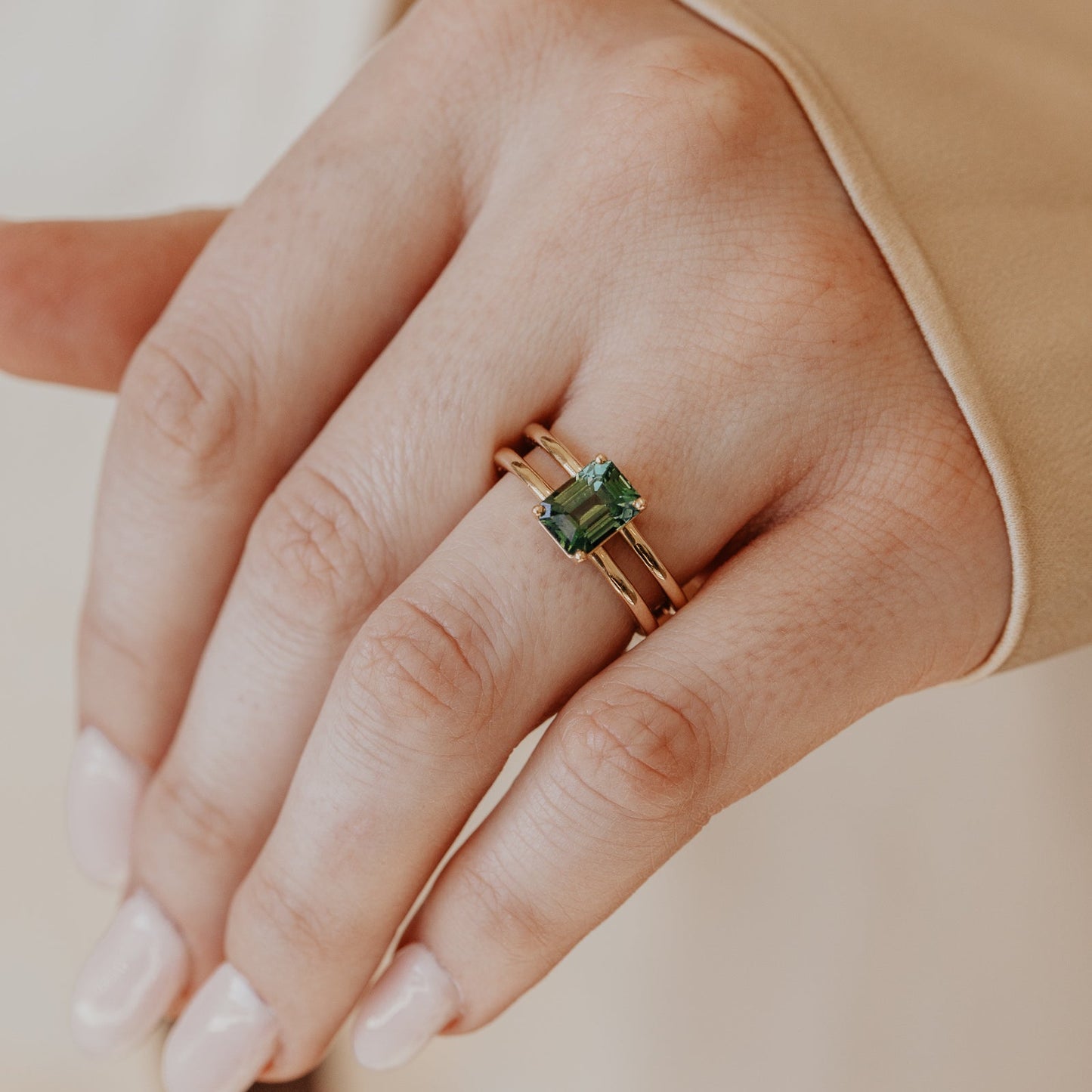 The Amanda 2.45 ct Emerald Cut Teal Sapphire Double Band Solitaire