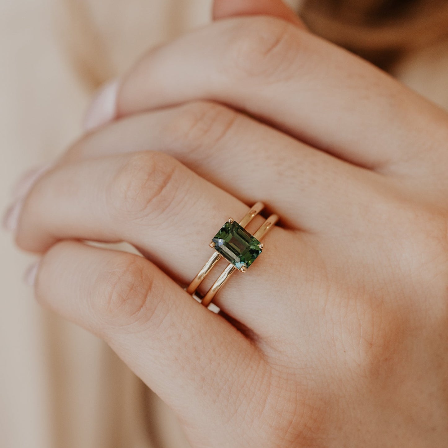 The Amanda 2.45 ct Emerald Cut Teal Sapphire Double Band Solitaire