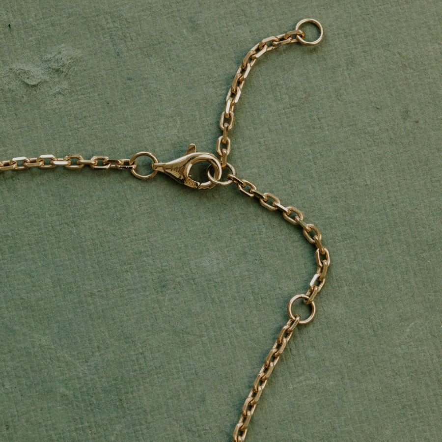 Gold chain necklace on a textured green background