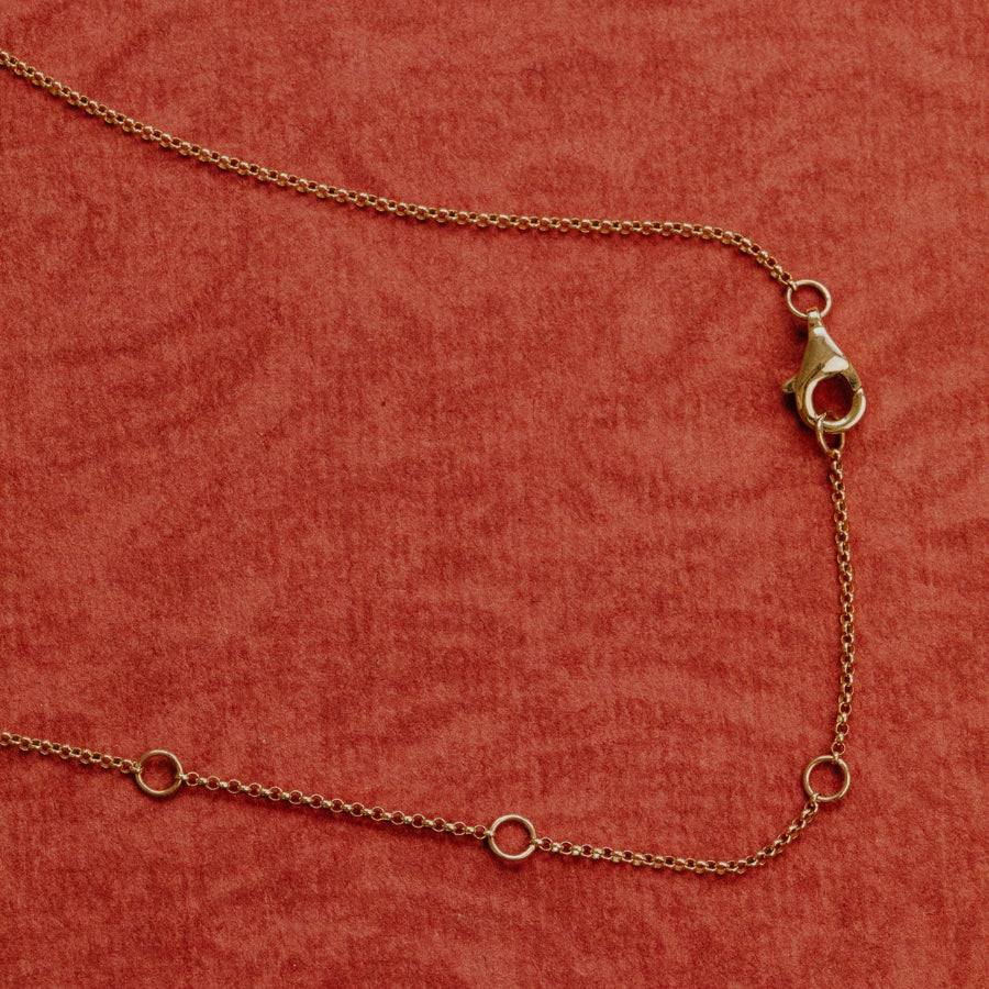 Gold chain necklace on a red patterned background
