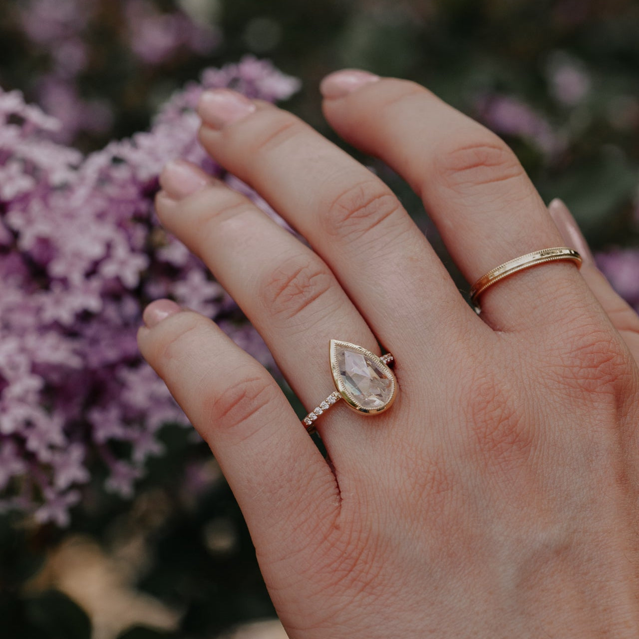 The Lyell 3.31 ct Pear Clear and Peach Rustic Diamond Ring