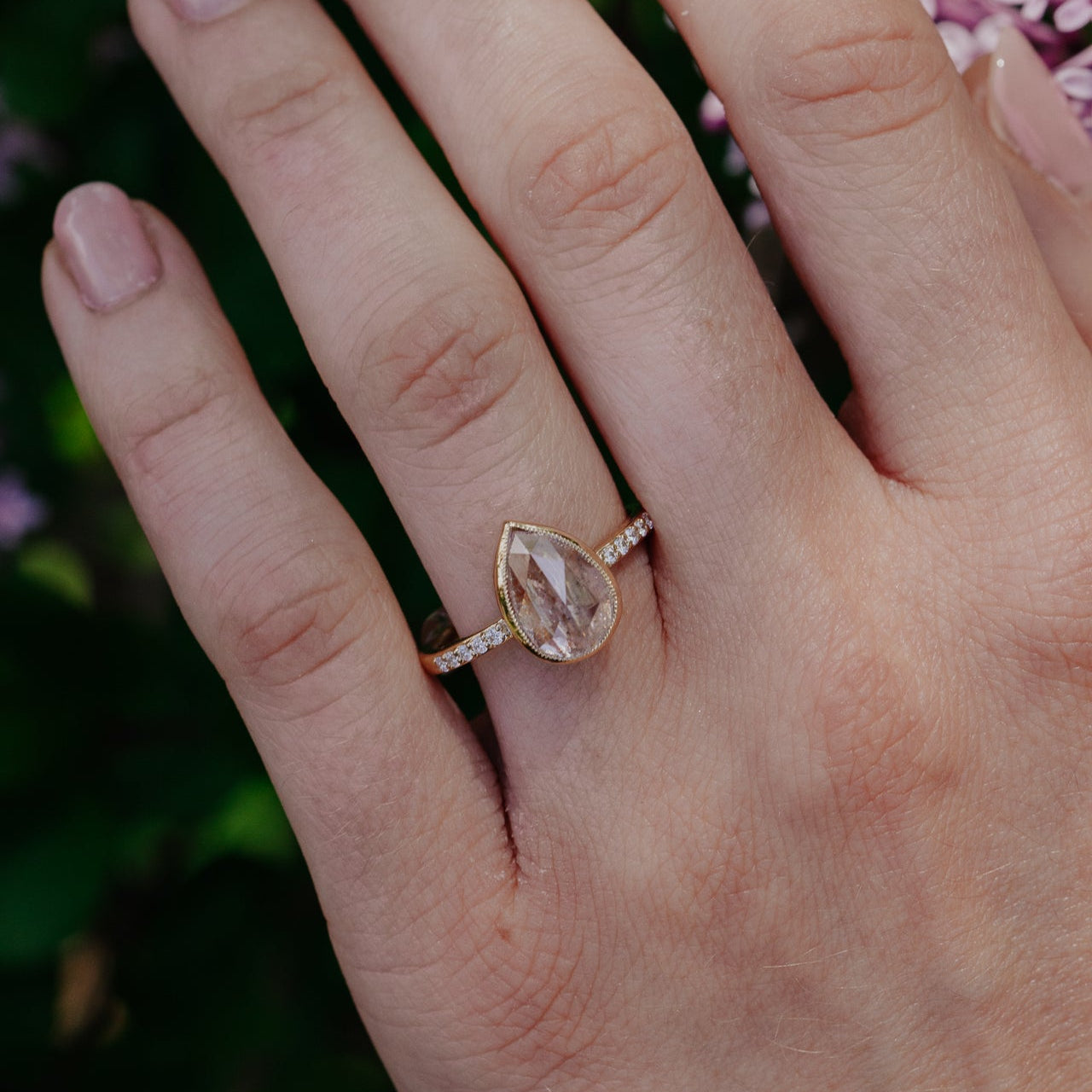 The Lyell 3.24 ct Pear Clear and Peach Rustic Diamond Ring