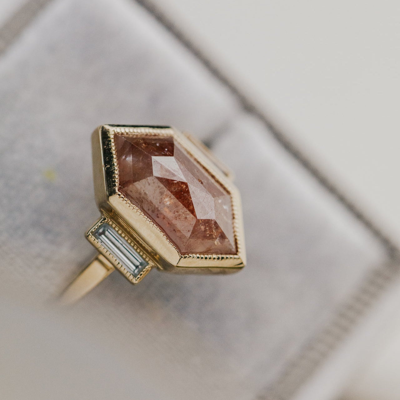 3.54 ct Long Hexagon Red Rustic Diamond Ring in 14k yellow gold with natural diamond side stones