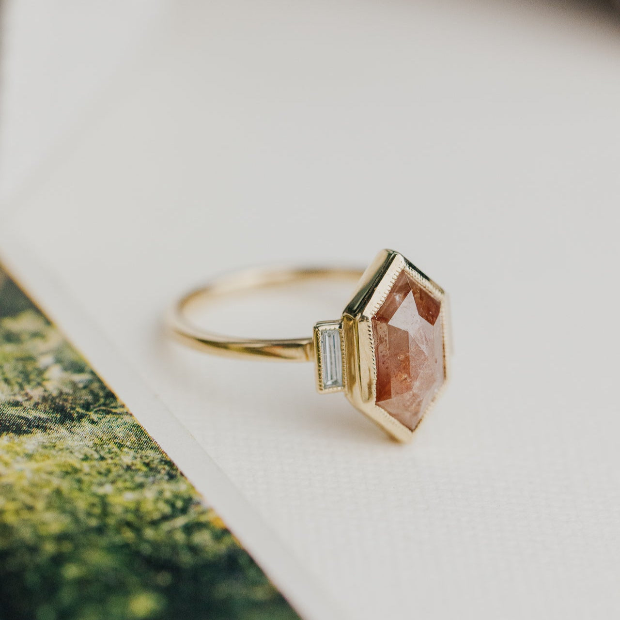 3.54 ct Long Hexagon Red Rustic Diamond Ring in 14k yellow gold with natural diamond side stones