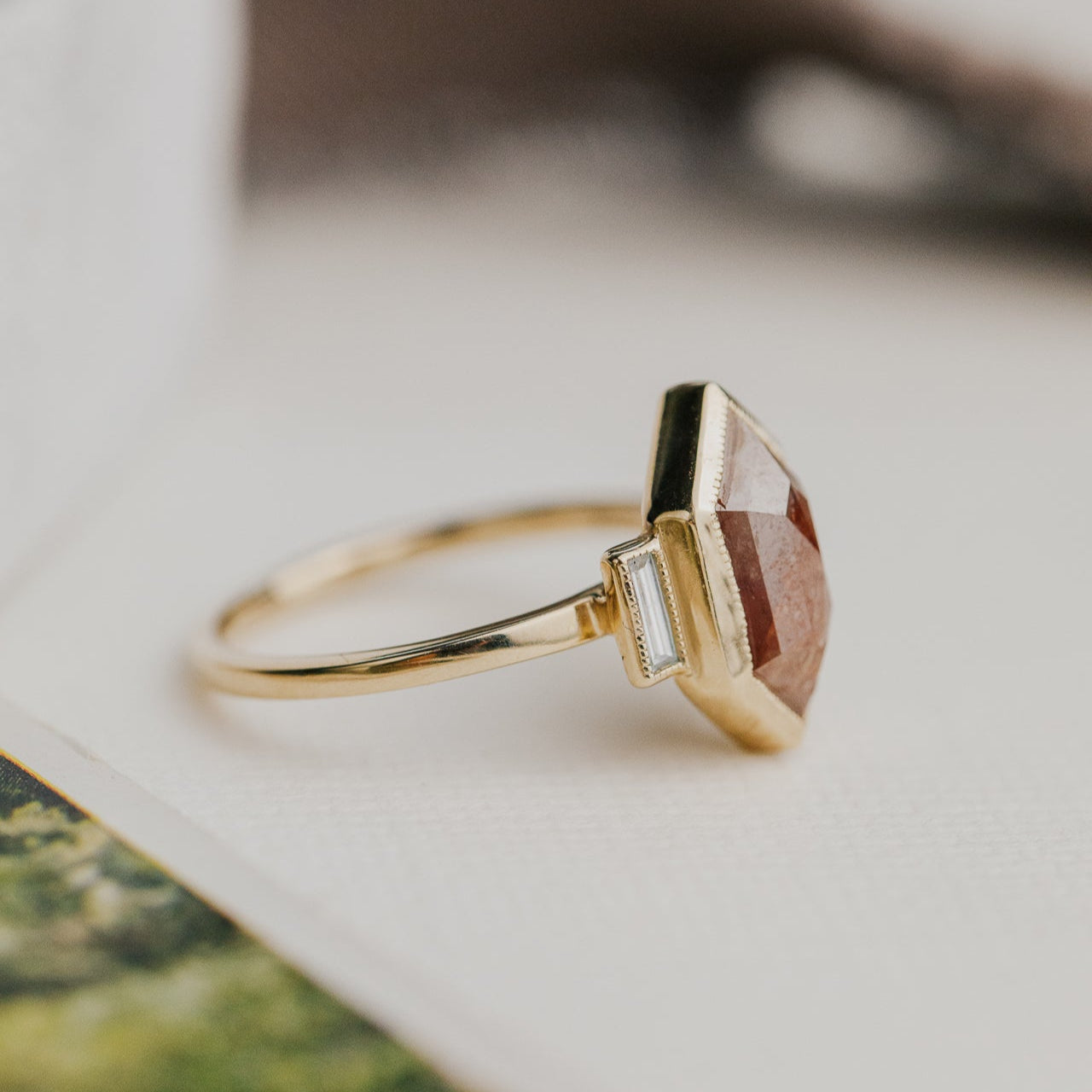 3.54 ct Long Hexagon Red Rustic Diamond Ring in 14k yellow gold with natural diamond side stones