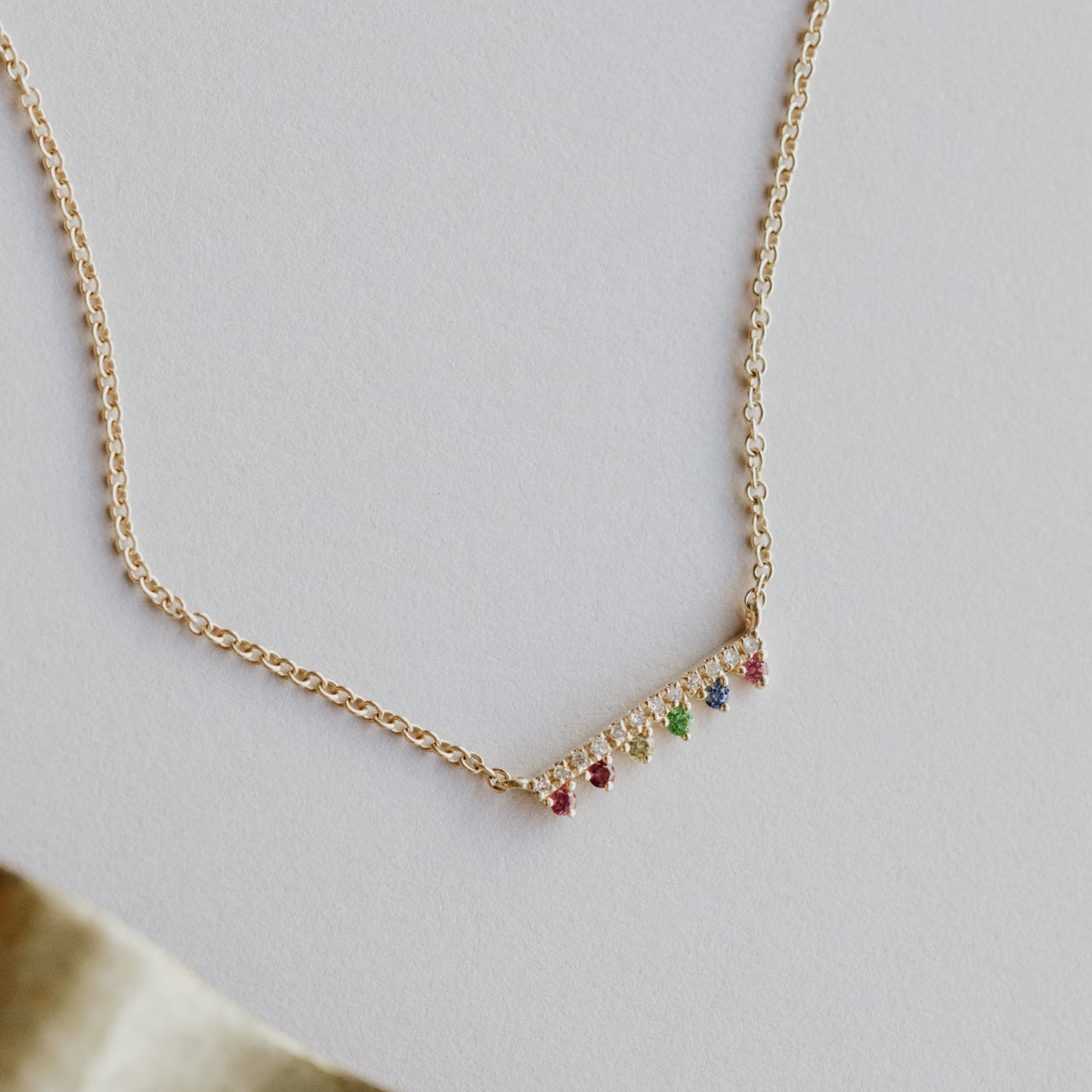 Pave Diamond Bar with Rainbow Sapphires in Prongs Necklace