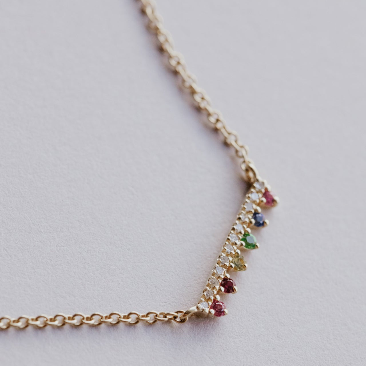 Pave Diamond Bar with Rainbow Sapphires in Prongs Necklace