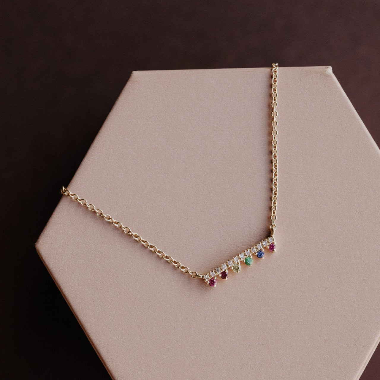 Pave Diamond Bar with Rainbow Sapphires in Prongs Necklace