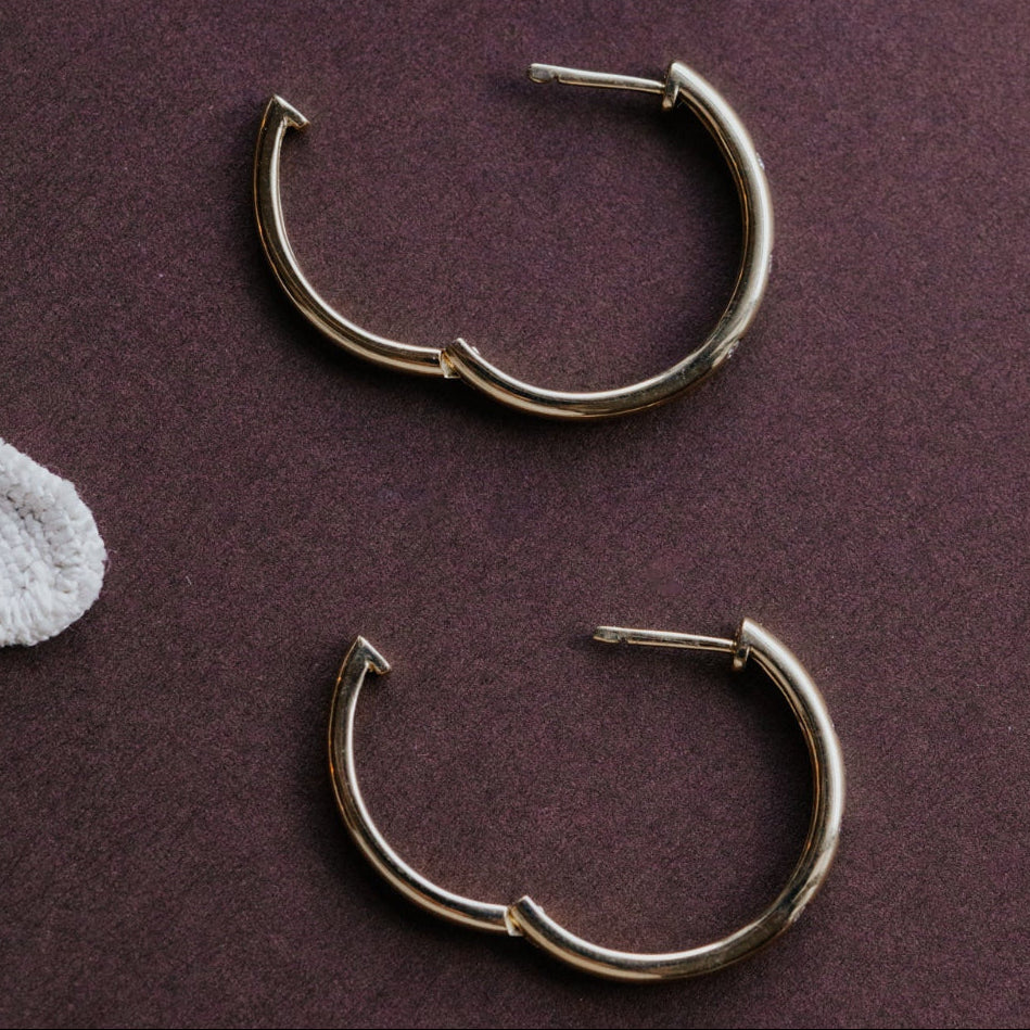 Hammer Set Diamonds on Thin Hoop Earrings