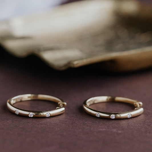 Hammer Set Diamonds on Thin Hoop Earrings