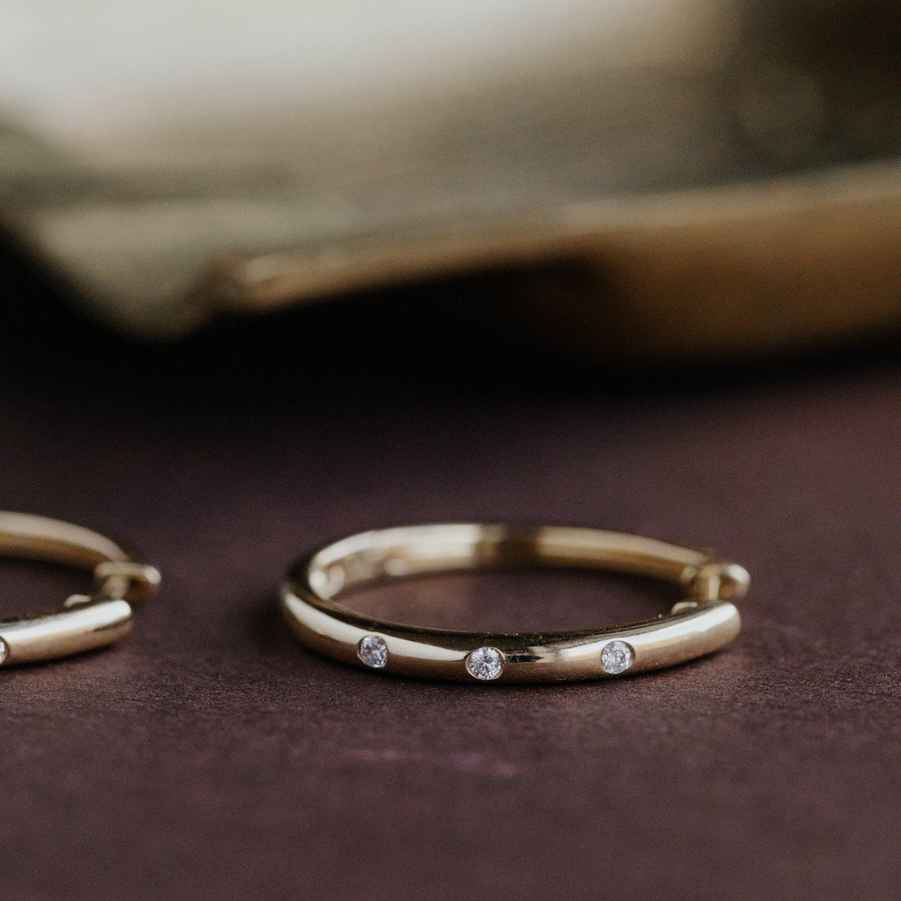 Hammer Set Diamonds on Thin Hoop Earrings